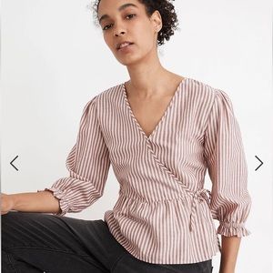 Madewell Peplum Wrap Blouse • V Neck • Stripes • Puff Sleeve • 3/4 Length Sleeve